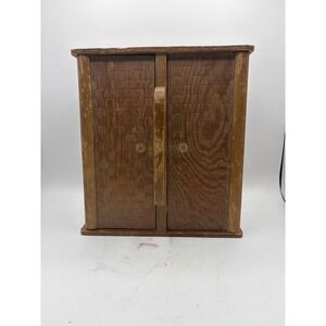 Vintage Wooden Sewing Basket Cabinet Double Door‎ Storage Box Woven Look 10"